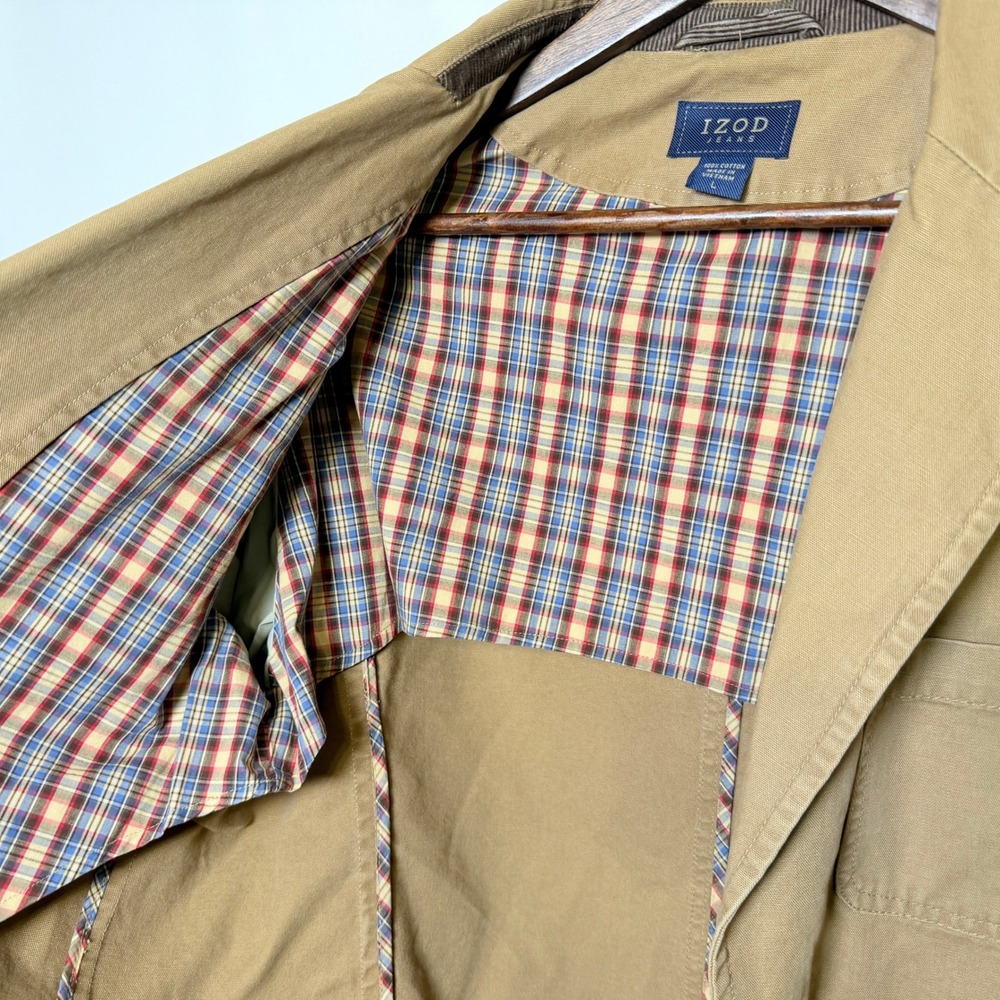 IZOD Mens Tan Khaki Cotton Canvas Blazer Chore Jacket Plaid Lined Large 4553042 - Picture 5 of 12